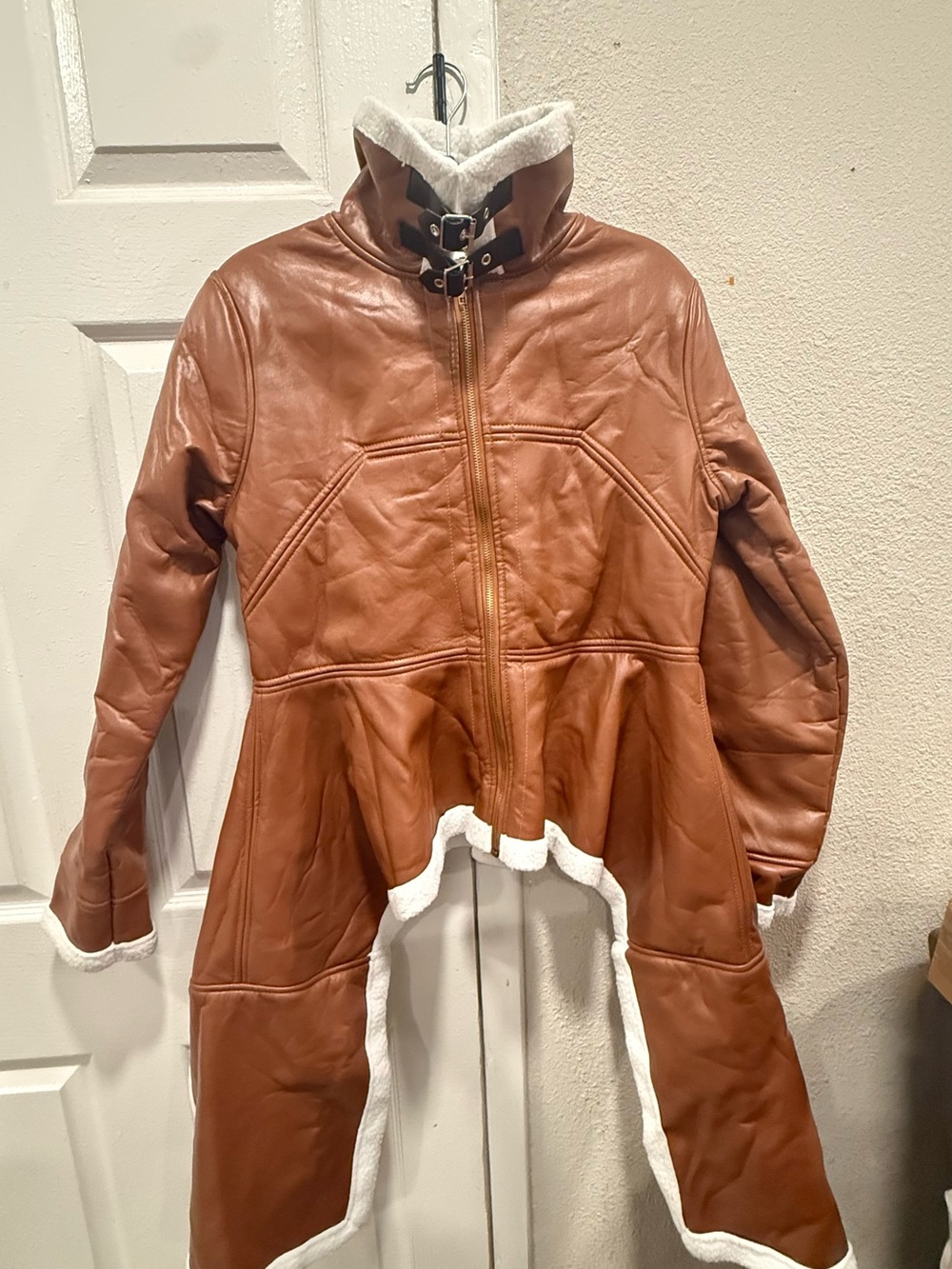 & Other Stories Tan Leather Coat with White Shearling Trim
